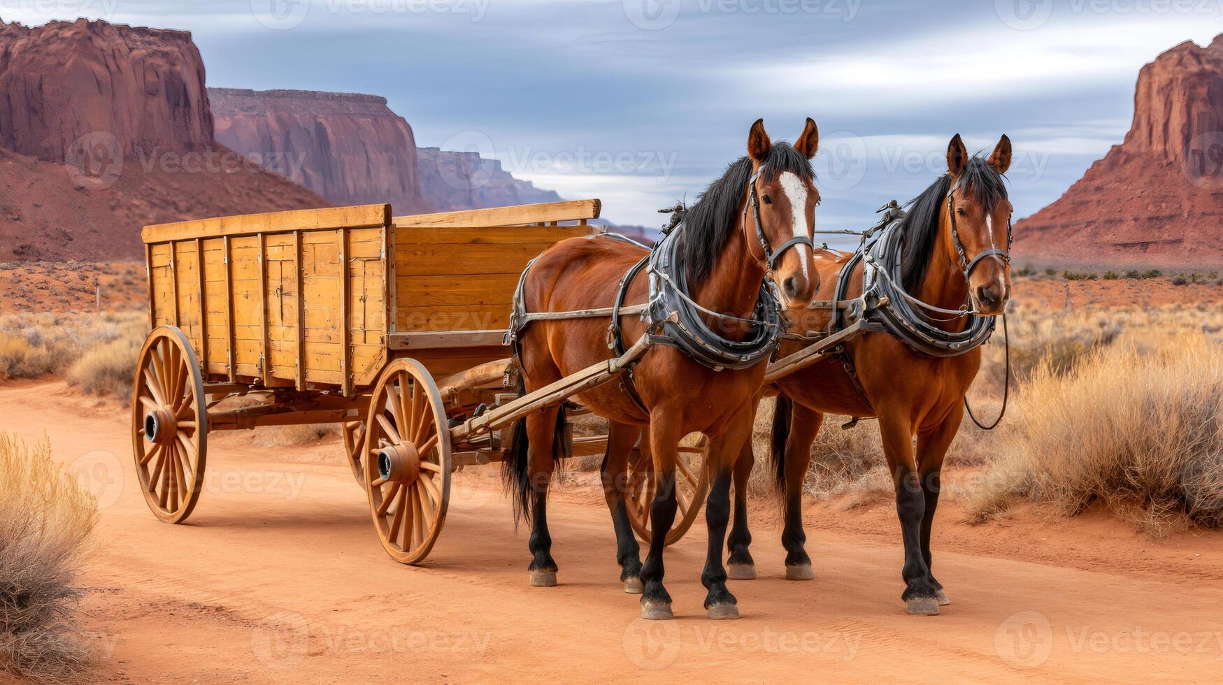 Two horses pulling wooden wagon in monument valley navajo tribal park photo