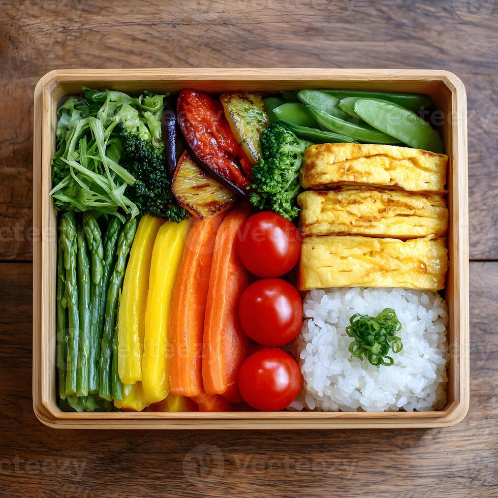Colorful bento box presenting rice, omelet, and fresh vegetables photo
