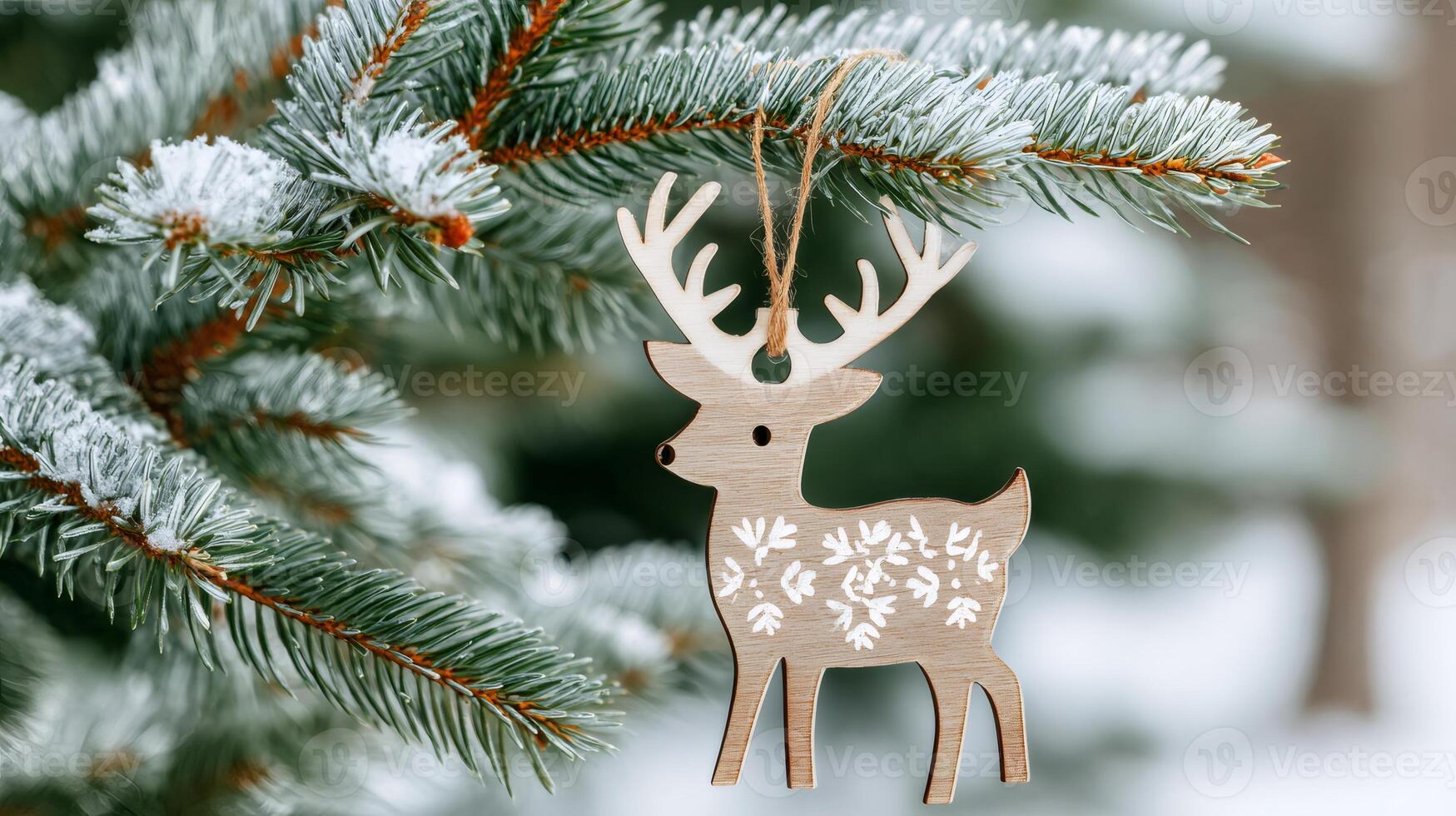 Wooden christmas reindeer ornament hanging on snowy pine tree branch photo