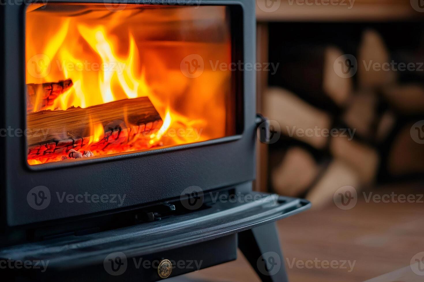 Burning wood logs in modern fireplace insert creating cozy atmosphere photo