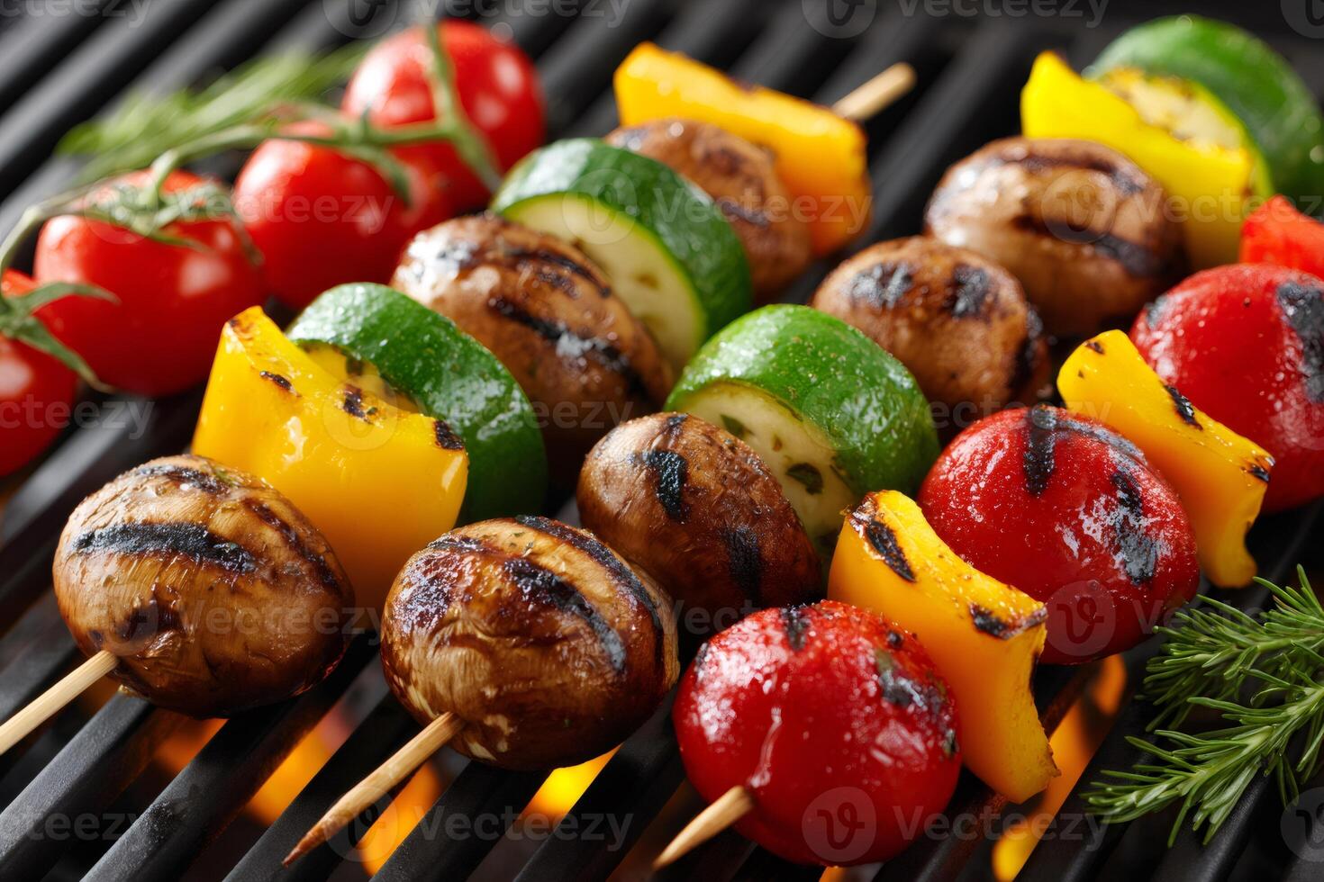Grilling vegetable skewers with zucchini, mushrooms, bell peppers and cherry tomatoes photo