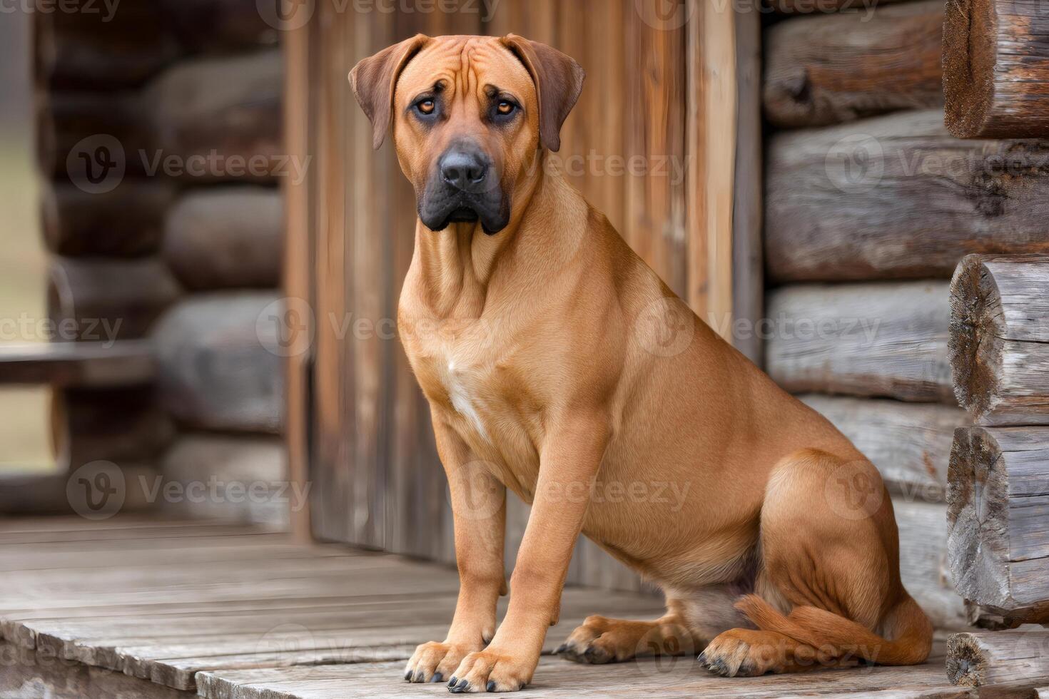 Rhodesian ridgeback dog sitting on porch of log cabin photo