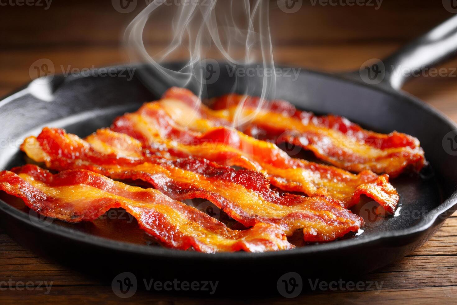 Delicious crispy bacon sizzling in a cast iron pan photo
