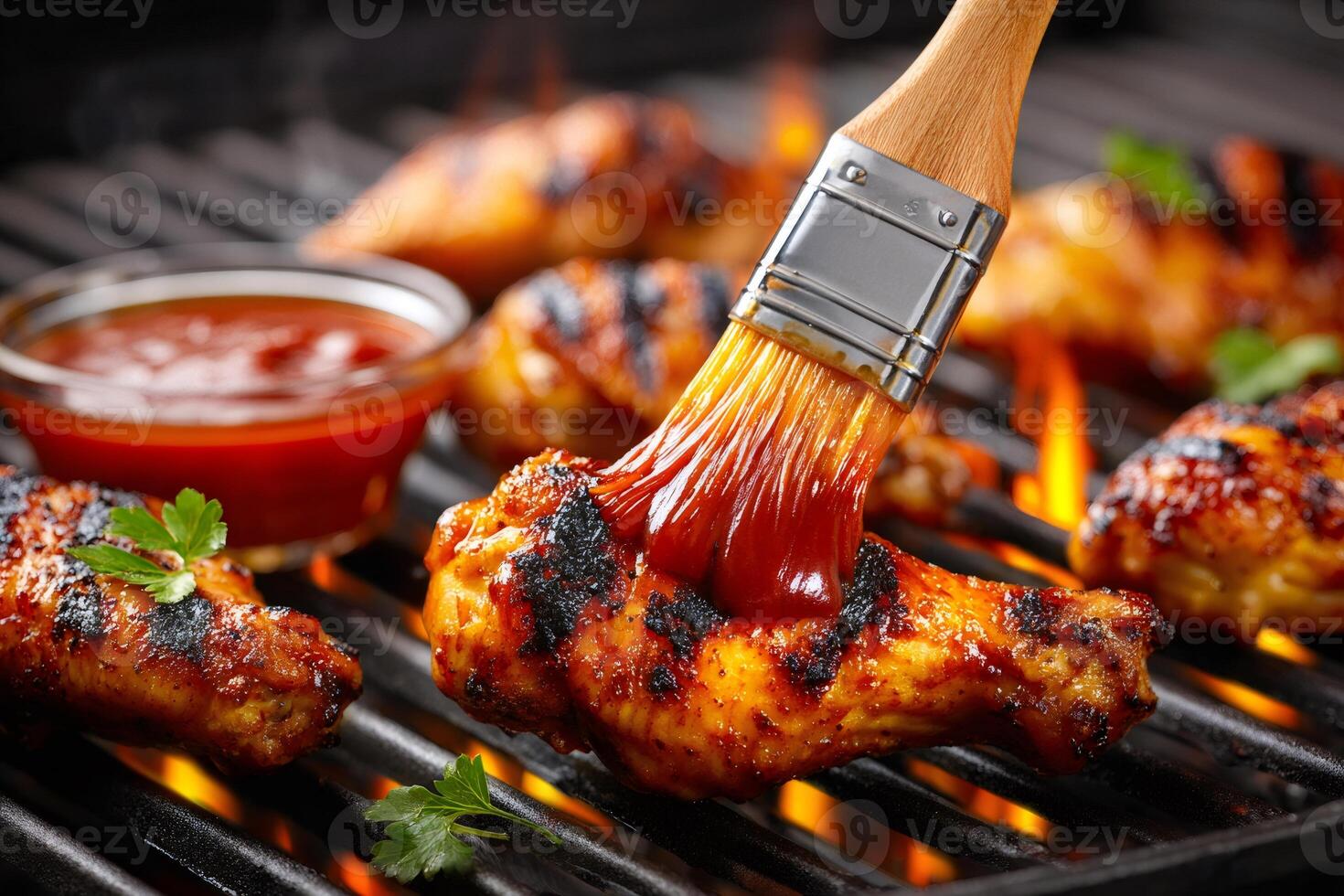Chef applying barbecue sauce on grilled chicken wings with a brush photo