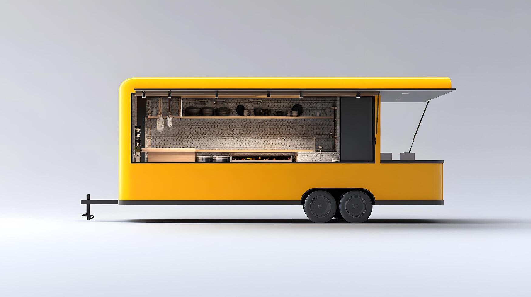 A yellow food truck with a kitchen on the side photo