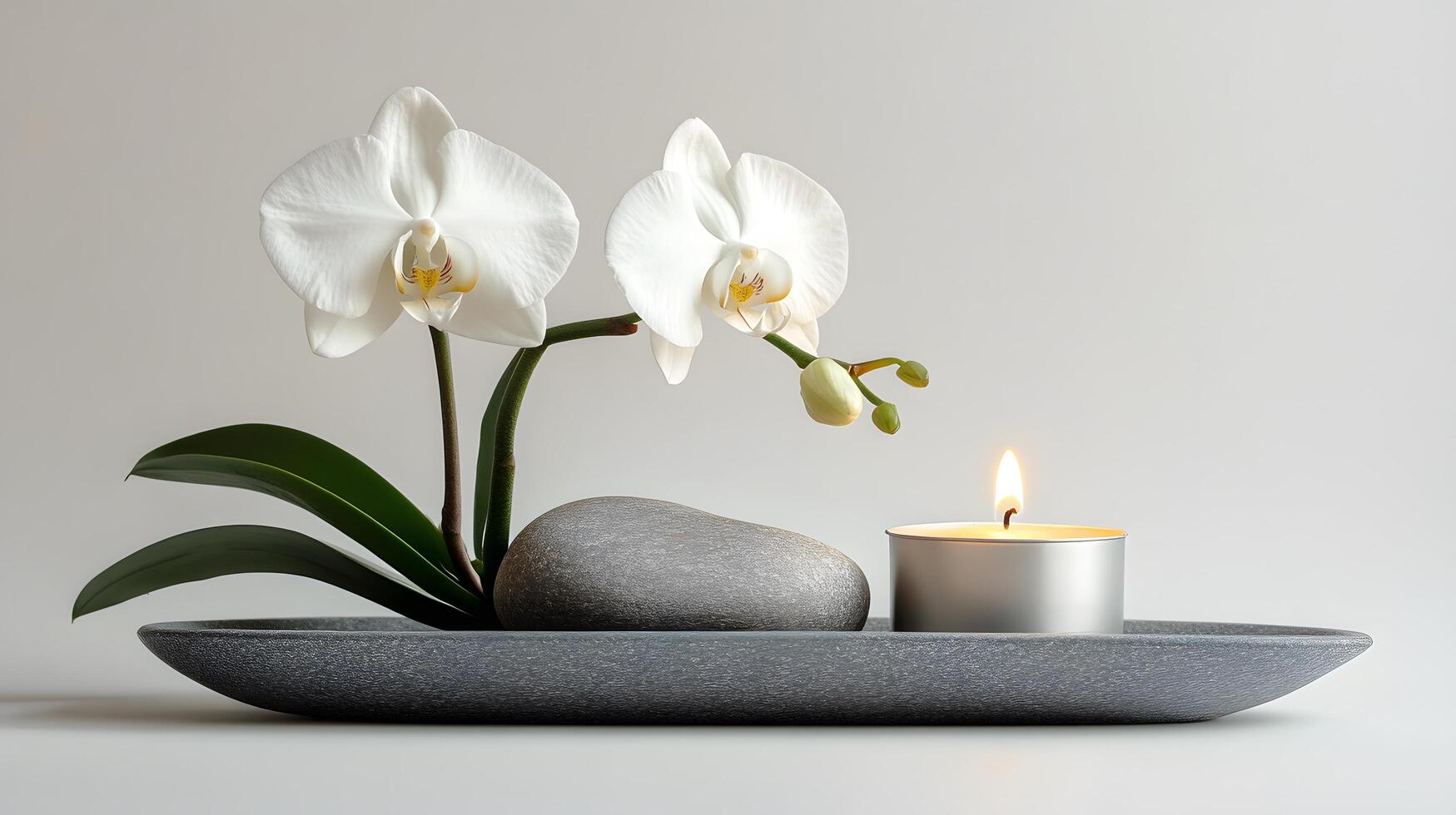 A white orchid and a candle sit on a gray tray photo
