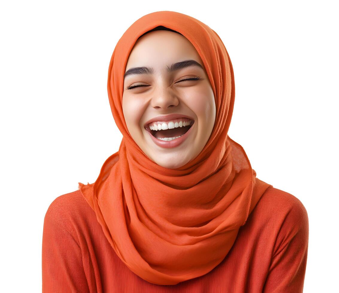 A woman wearing an orange hijab laughing photo