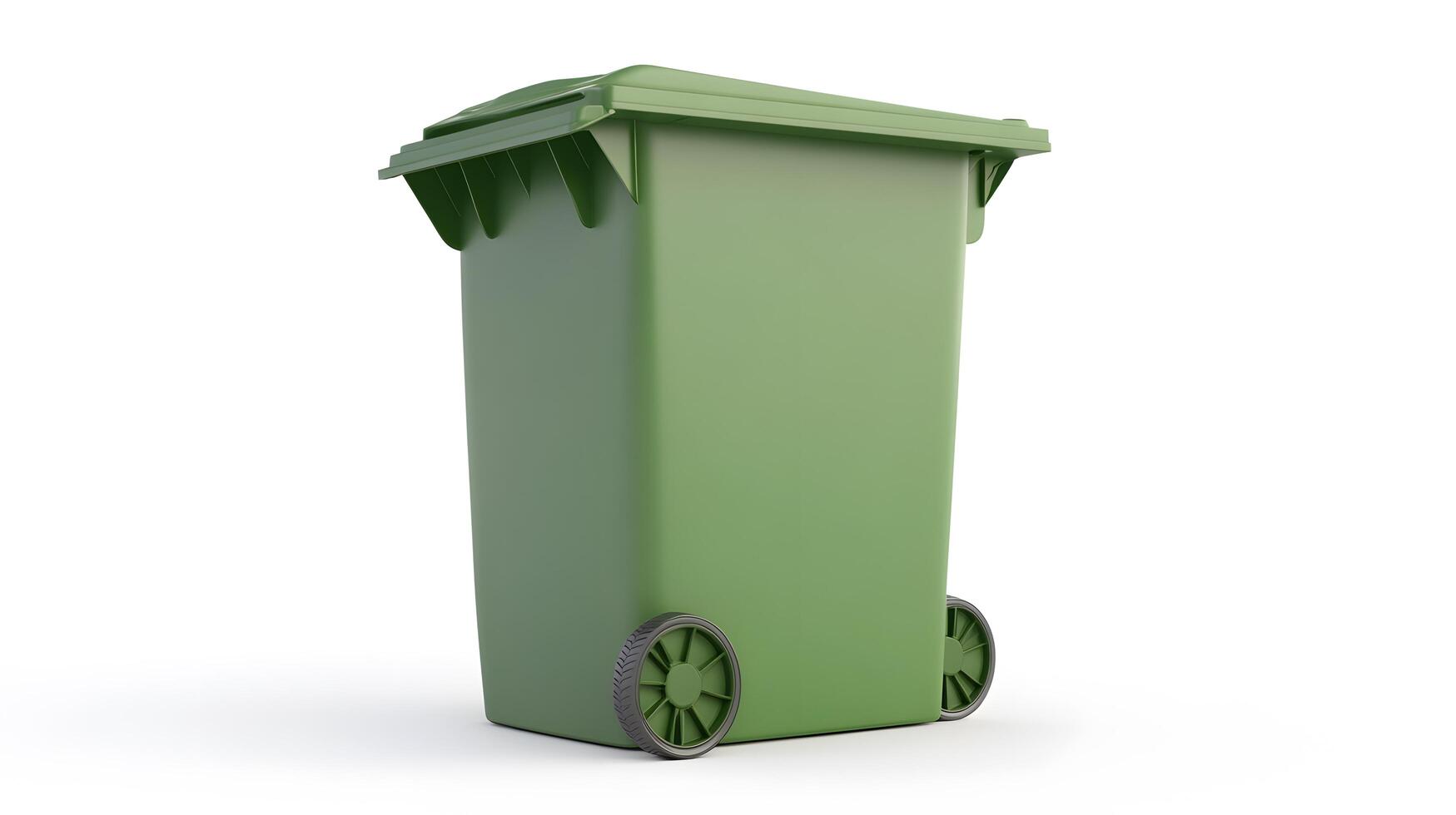 A green trash can with wheels on a white background photo