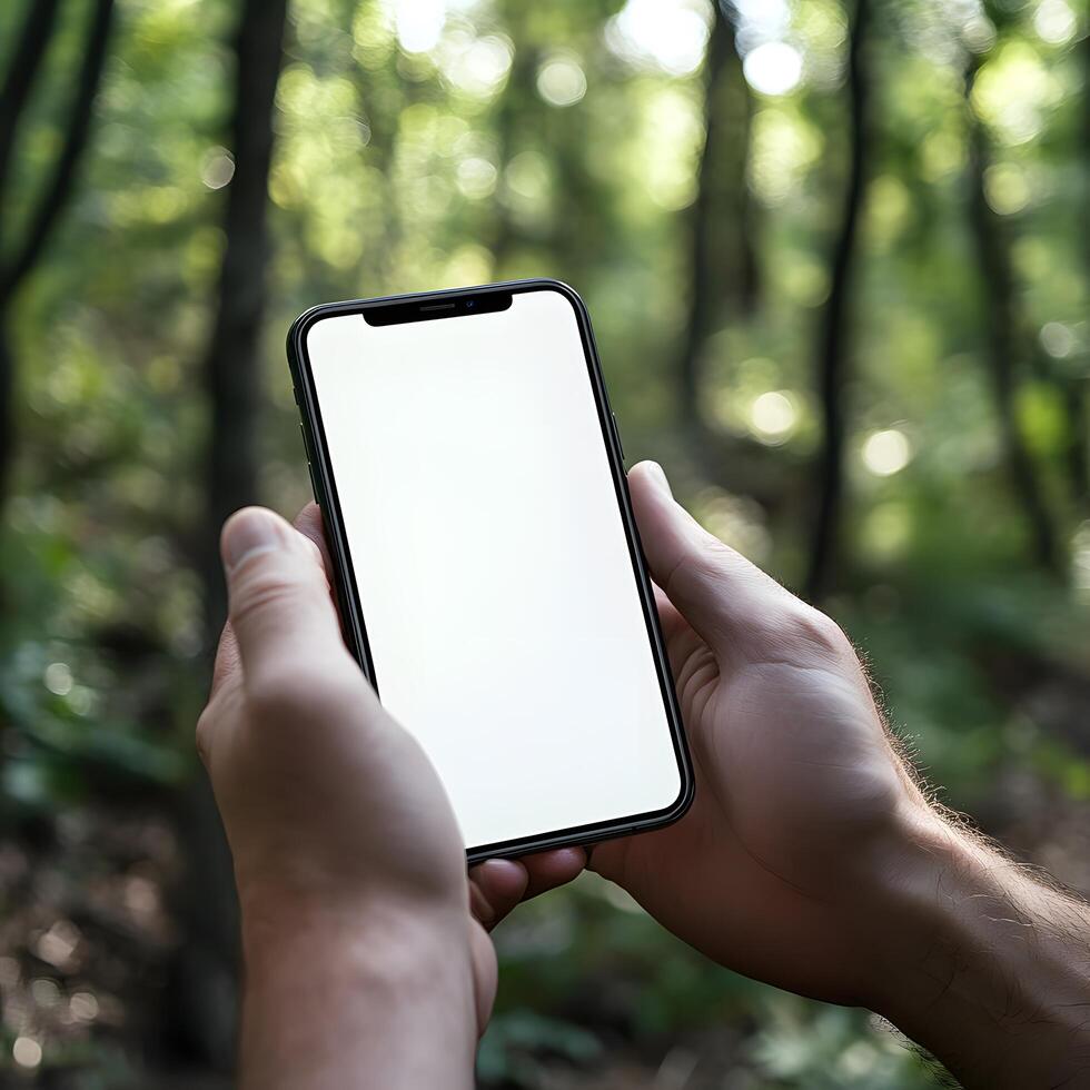 A person holding a white smartphone in the woods photo