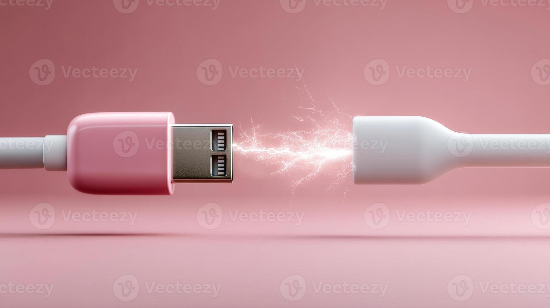 Power connection between USB cable ends. Two USB cable ends are connecting, creating sparks in a soft pink background, showcasing technology interaction. photo