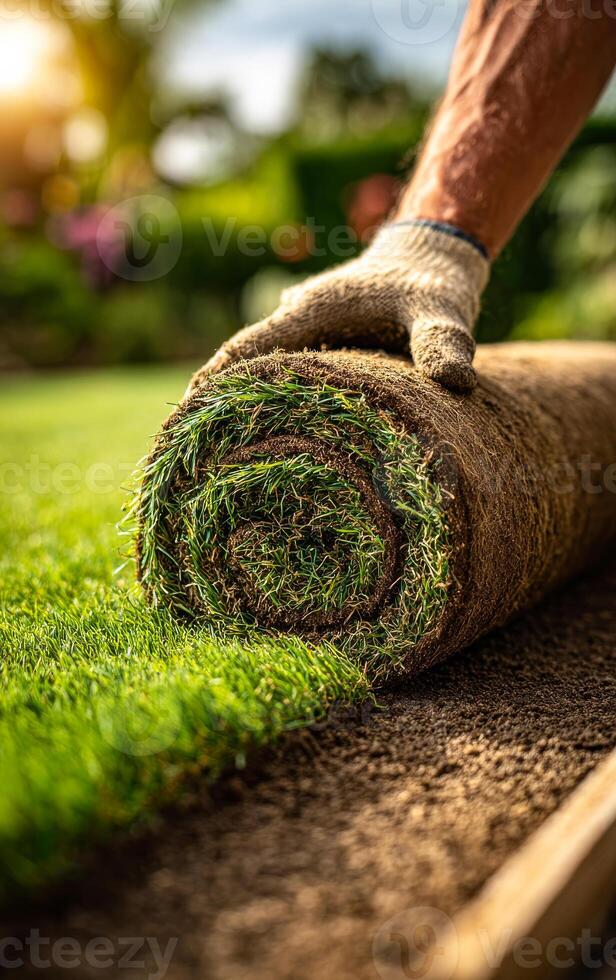 Laying fresh sod on a garden lawn. A gardener rolls out fresh sod on a well-prepared lawn in bright sunlight, enhancing the garden's beauty and health. photo