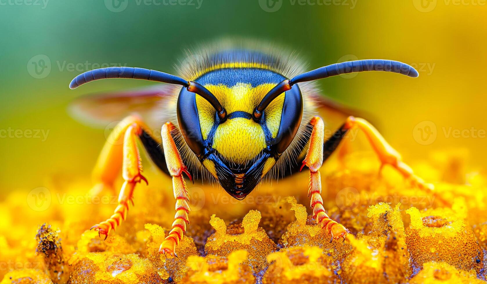 Bee on a flower close-up. A colorful bee gathers nectar from a bright yellow flower during a sunny day, showcasing nature's beauty and detail. photo