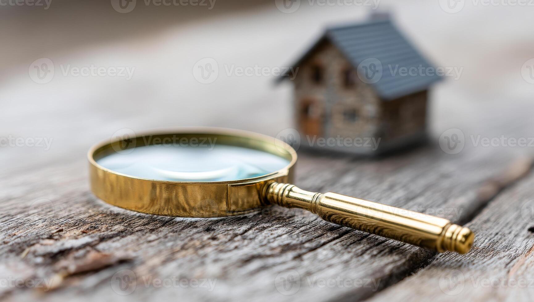 Exploring details of a miniature house. A magnifying glass rests on a wooden surface beside a small model house, highlighting its intricate details. photo