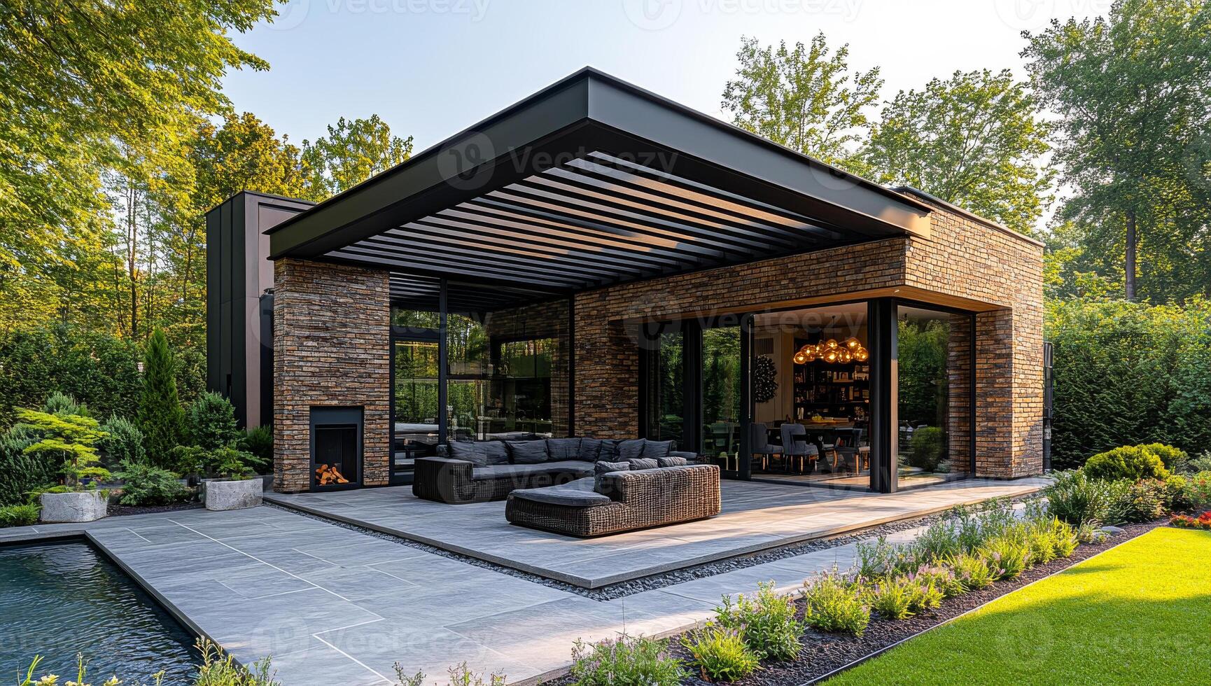 Modern outdoor living space with pool. Chic outdoor space with modern furniture, a pool, and greenery ideal for relaxing and socializing. photo