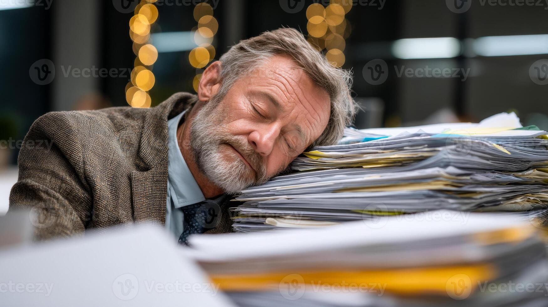 Tired worker rests on papers. Office worker leans on a tall stack of documents, showing signs of fatigue and stress during long hours. photo