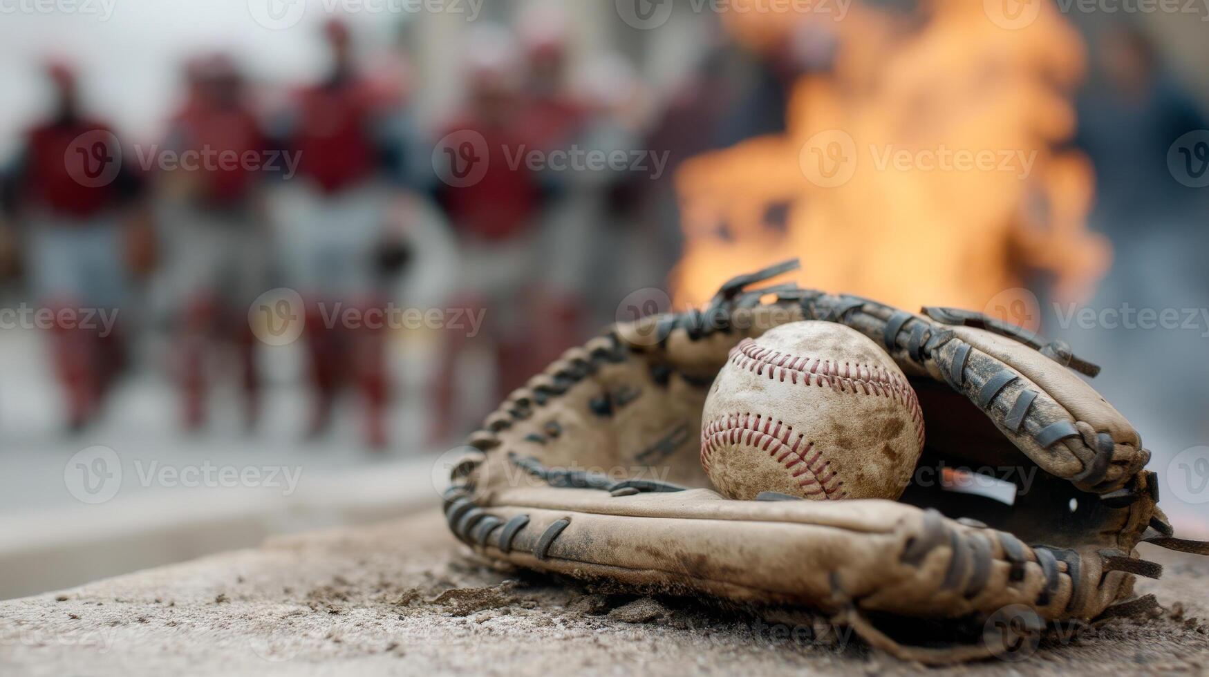 Baseball gear by flames. A weathered baseball glove cradles a ball, while players in red uniforms stand behind a fire at a sporting event. photo