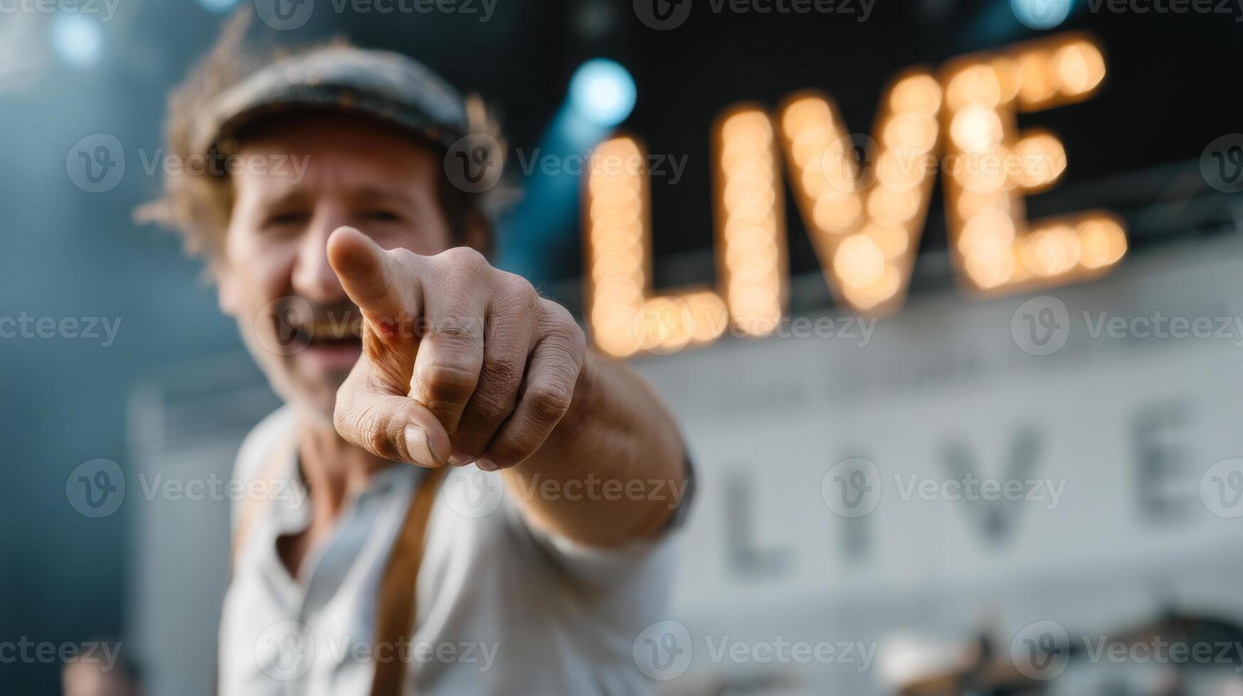 Musician shines at live show. A performer joyfully engages the audience during a live music event, creating an energetic atmosphere. photo