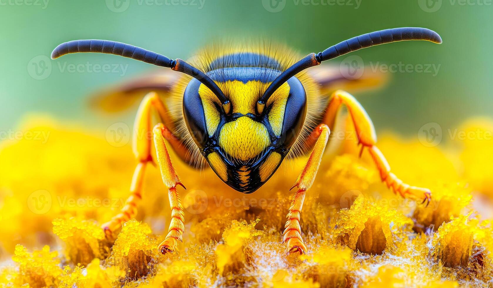 Bee on a bright yellow flower. A detailed view of a yellow bee collecting pollen from a bright flower during sunny weather in a garden. photo