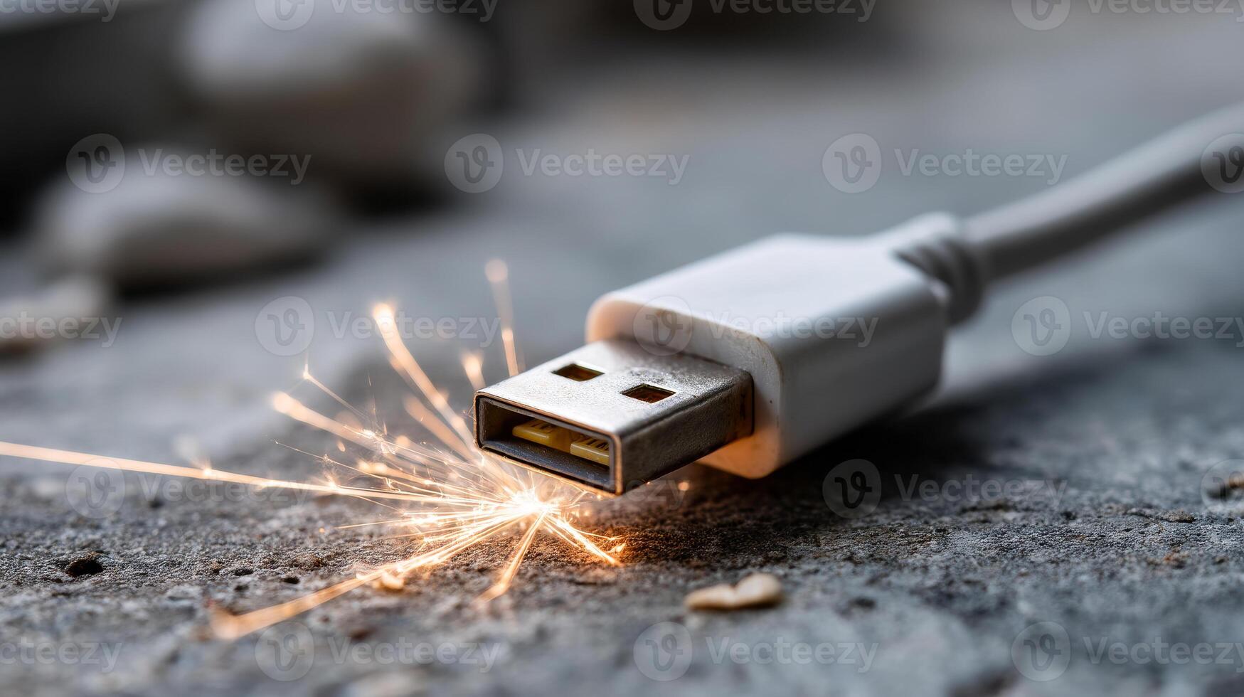 USB cable creates sparks on the ground. A USB cable sparks on a surface, suggesting a possible electrical issue or connection problem. photo