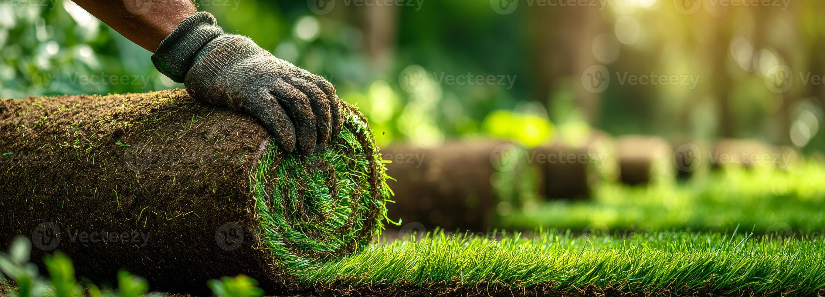 Installing fresh sod in a lush garden. A gardener rolls out new sod in a green landscape during a sunny afternoon, enhancing the beauty of the yard. photo