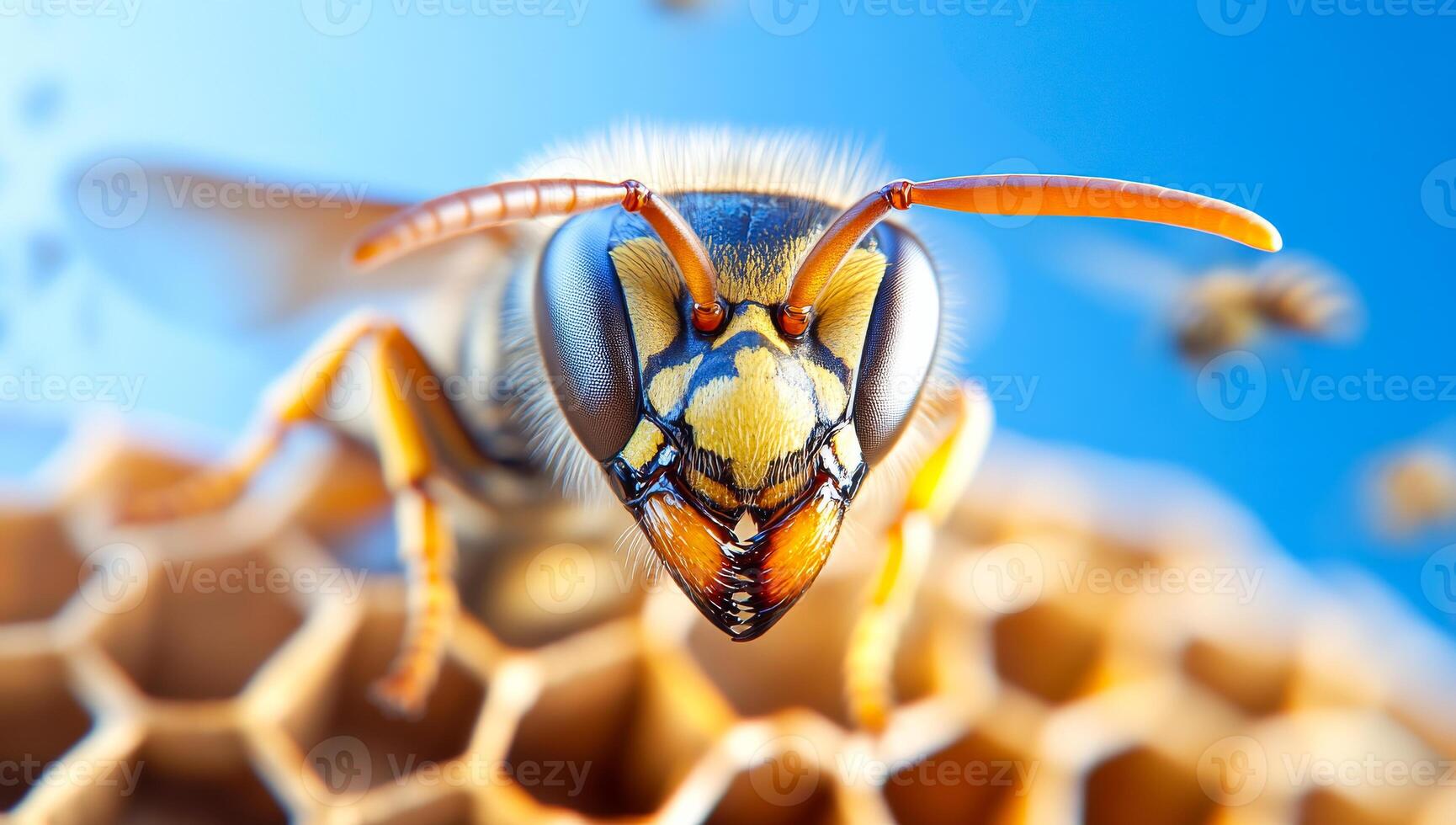 Close-up view of a vibrant honey bee. A close-up of a colorful honey bee with detailed features, gathering pollen near its honeycomb habitat. photo