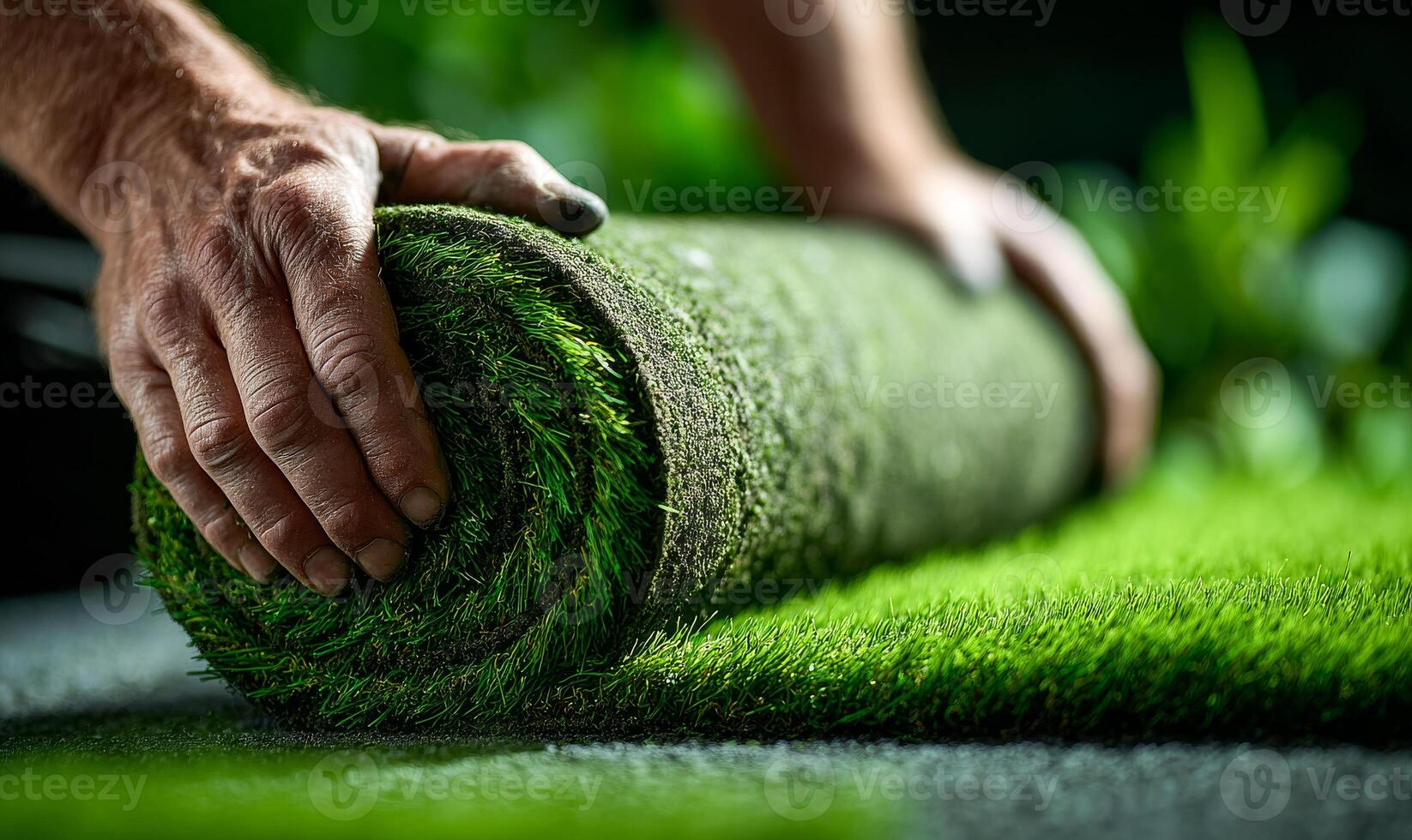 Installing artificial grass in a garden. Hands roll out vibrant artificial grass in a well-kept garden, highlighting its lush colors and textures. photo