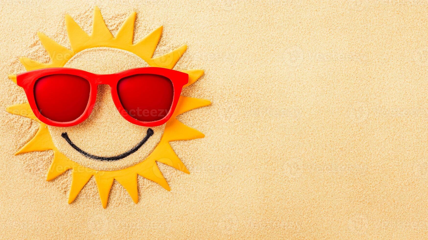 Sunny smiley on the sand. A cheerful sun figure made of yellow material with red sunglasses rests on warm sandy beach. photo