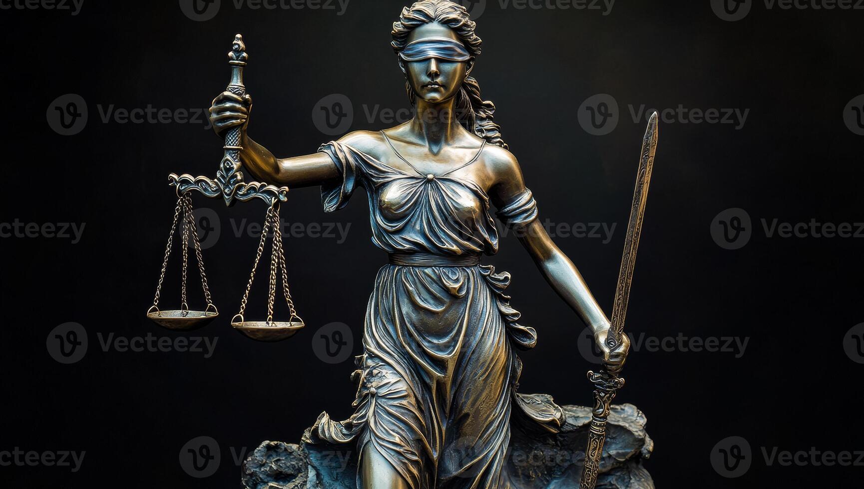 Justice figure holding scales and sword. A bronze sculpture of Lady Justice with scales and sword, symbolizing law and equality on a dark background. photo