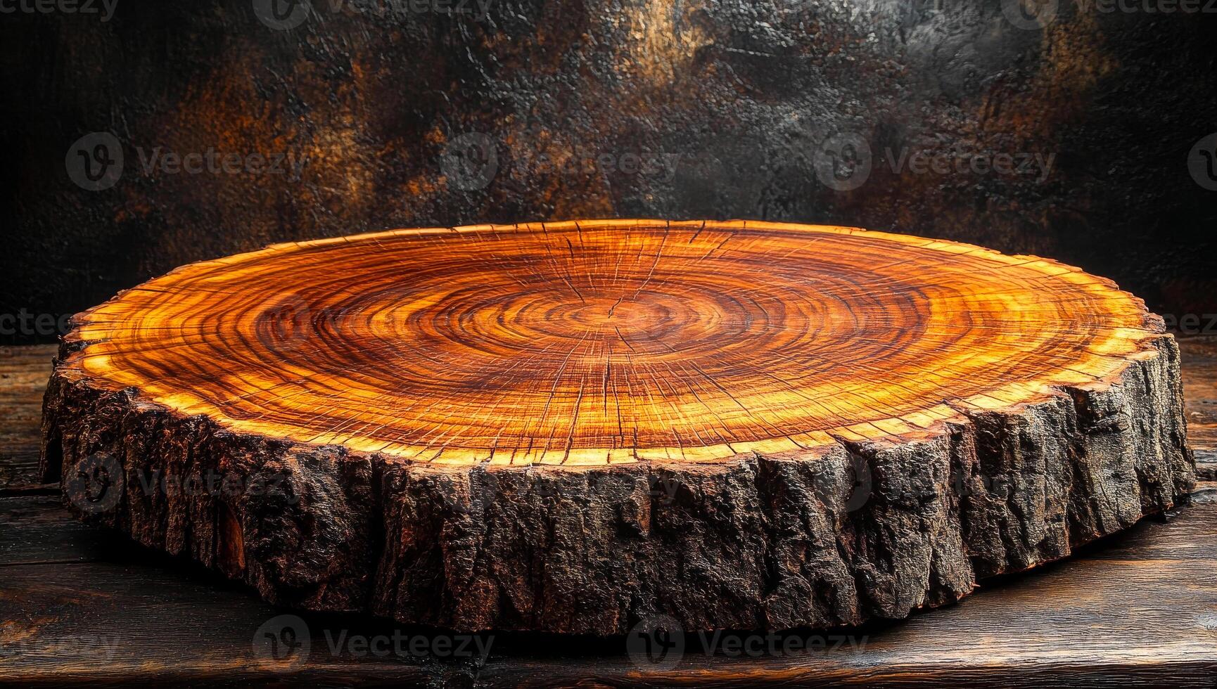 Polished wooden log display. A captivating polished wooden log slice showcases its natural rings and texture, adding rustic charm to any decor. photo