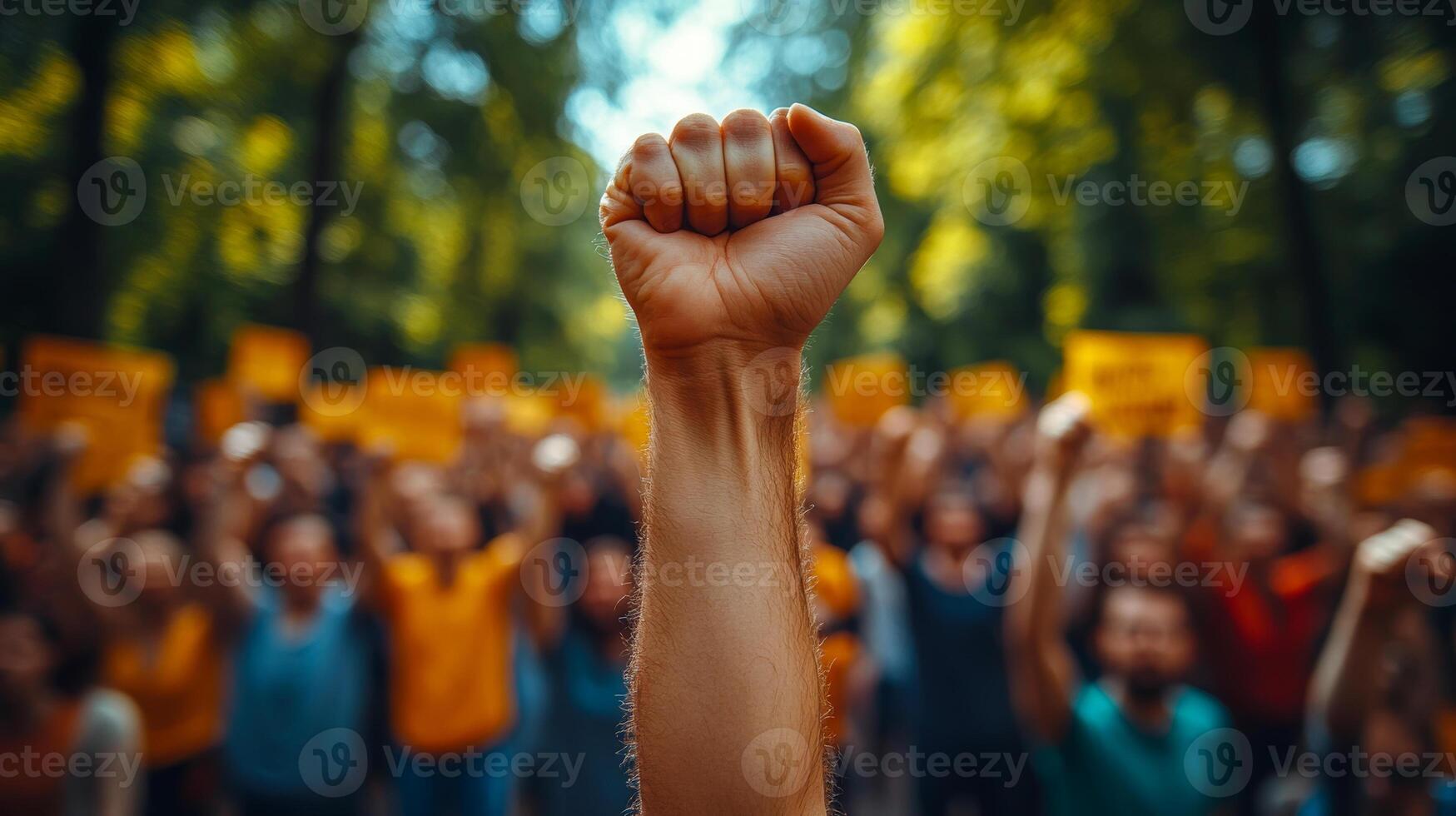 People rallying for change in the park. Supporters gather in the park, raising fists and signs to advocate for their cause during a peaceful protest. photo