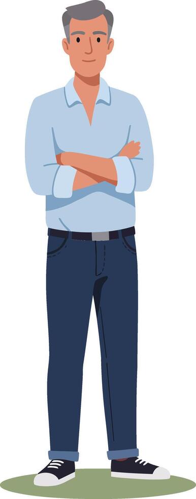 Confident middle aged man standing with crossed arms in casual blue shirt and dark jeans illustration vector