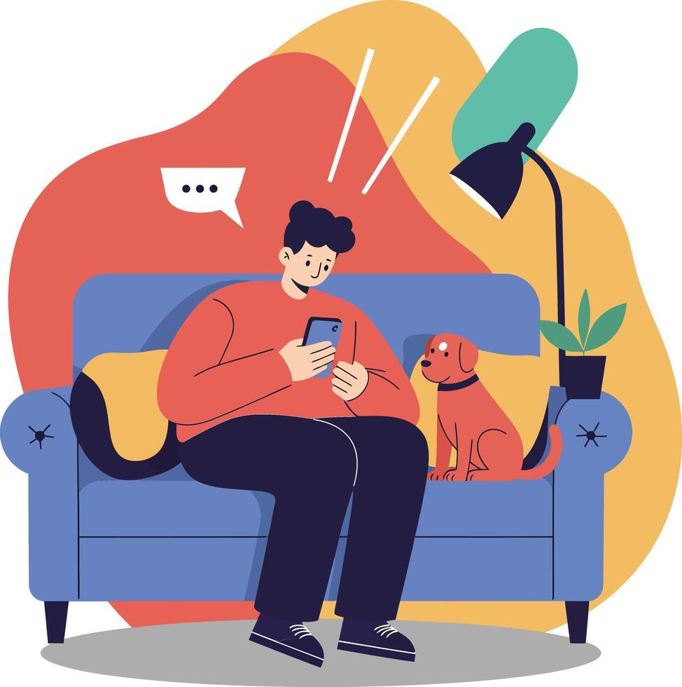 Man using smartphone sitting on blue sofa next to small dog with floor lamp and plant indoors modern lifestyle scene vector