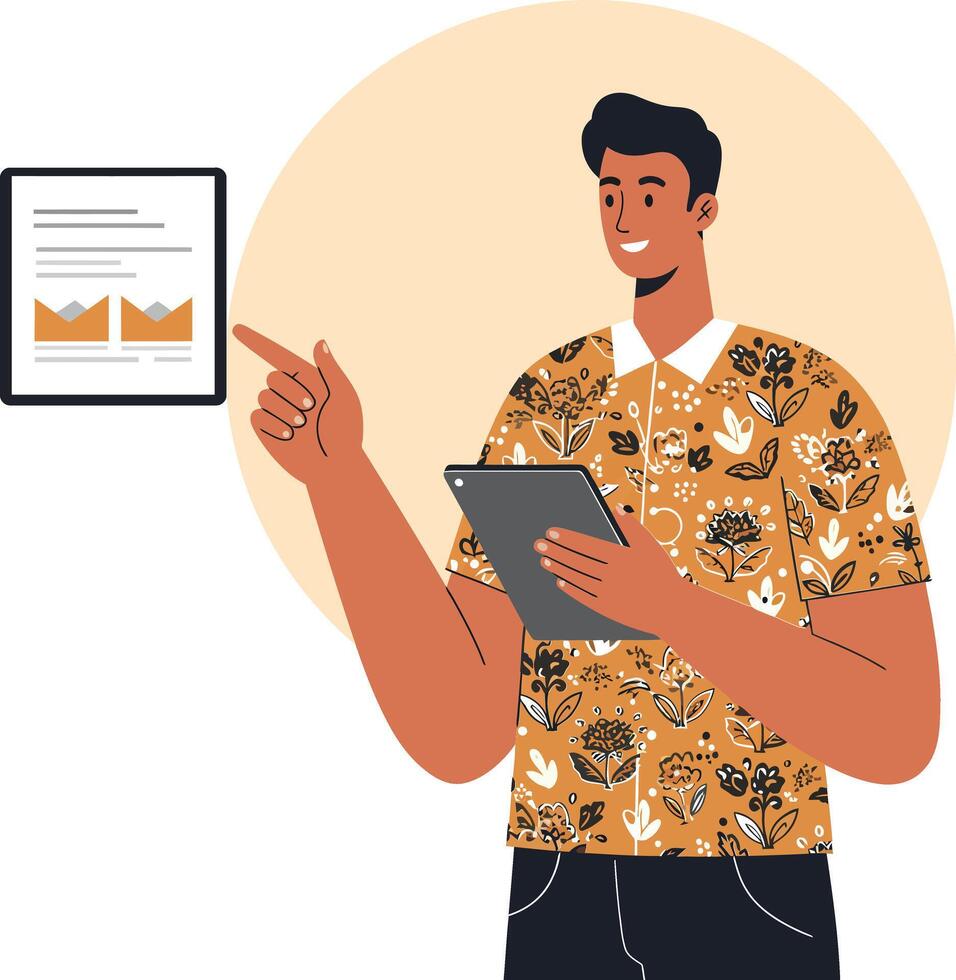 Man pointing at textile patterns on clipboard with floral orange shirt illustration vector