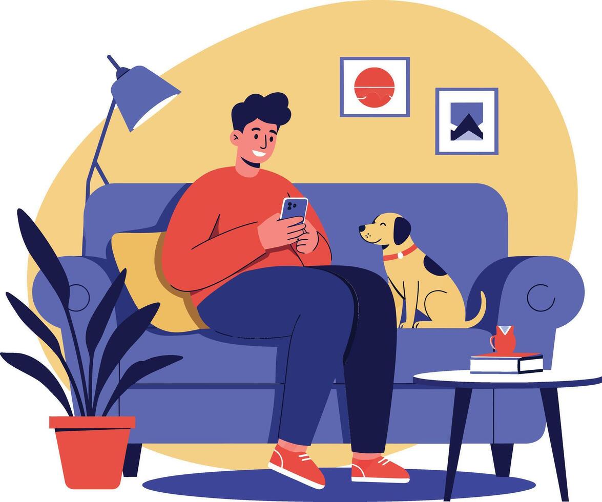 Man sitting on blue sofa with dog looking at smartphone in cozy living room setting vector