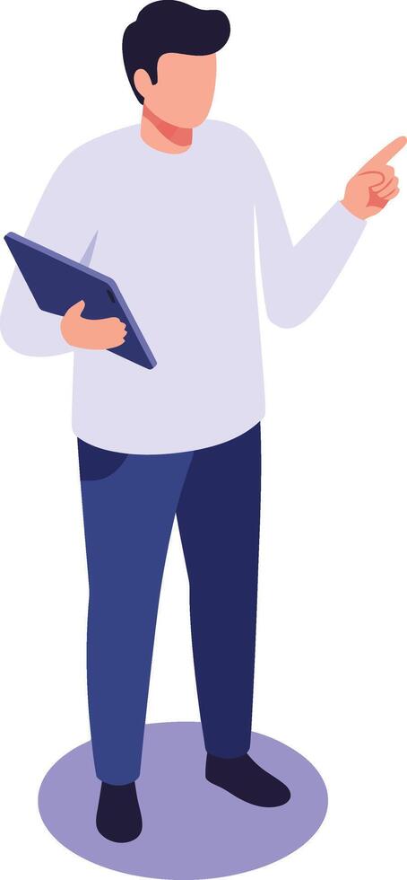 Man standing and pointing while holding digital tablet on purple background in casual clothes illustration vector