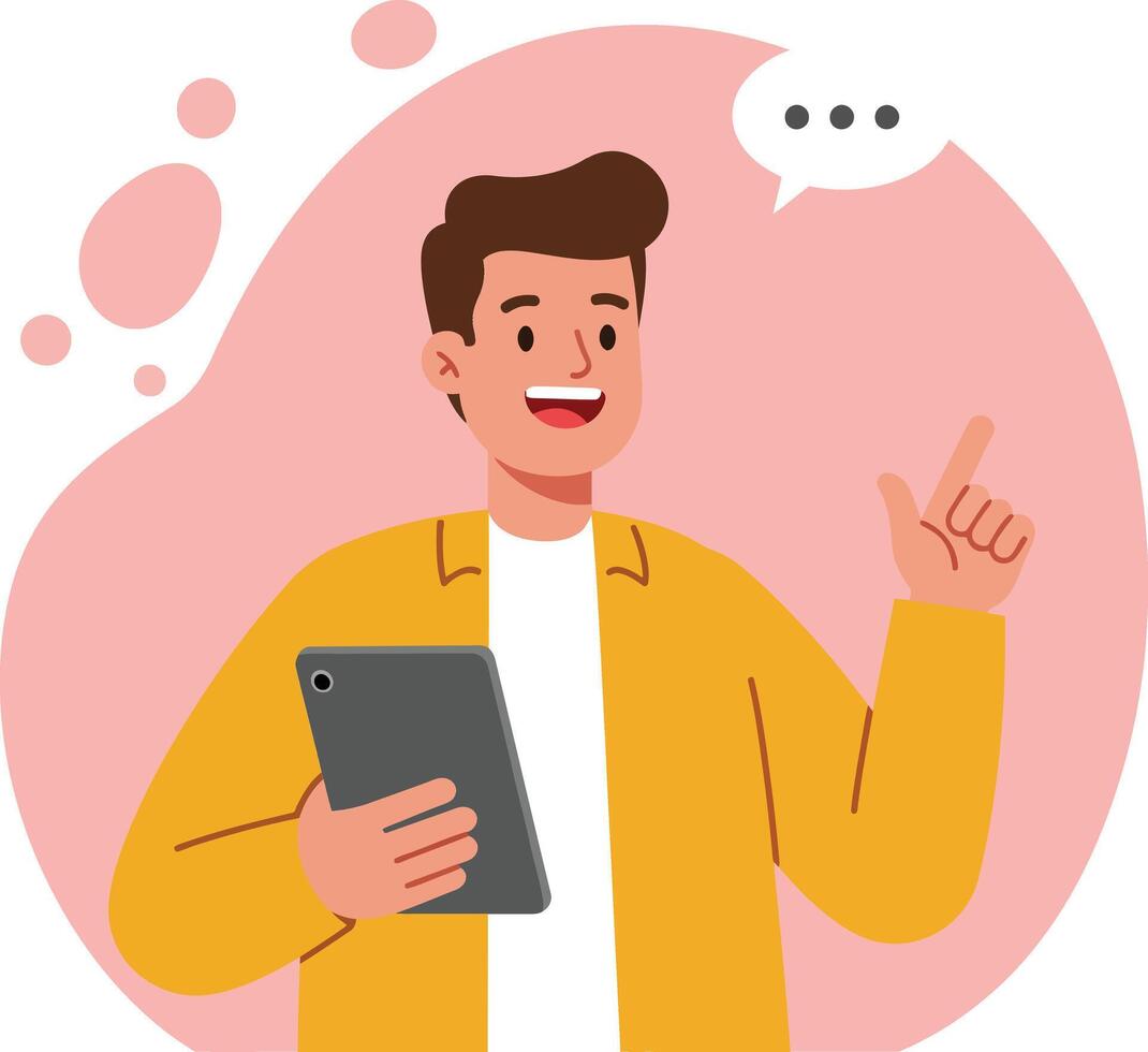 Young man holding tablet with speech bubble talking communication concept illustration vector