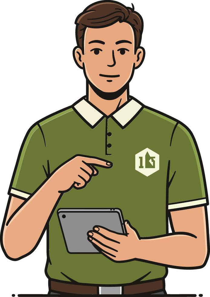 Young man in green polo shirt pointing at logo holding digital tablet illustration vector
