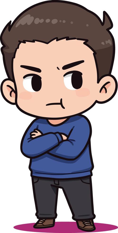 Cartoon boy crossing arms looking angry in blue sweater and dark pants with short hair standing on purple shadow background vector