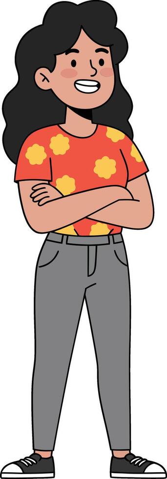 Confident young woman wearing orange floral shirt and gray pants standing with crossed arms smiling vector