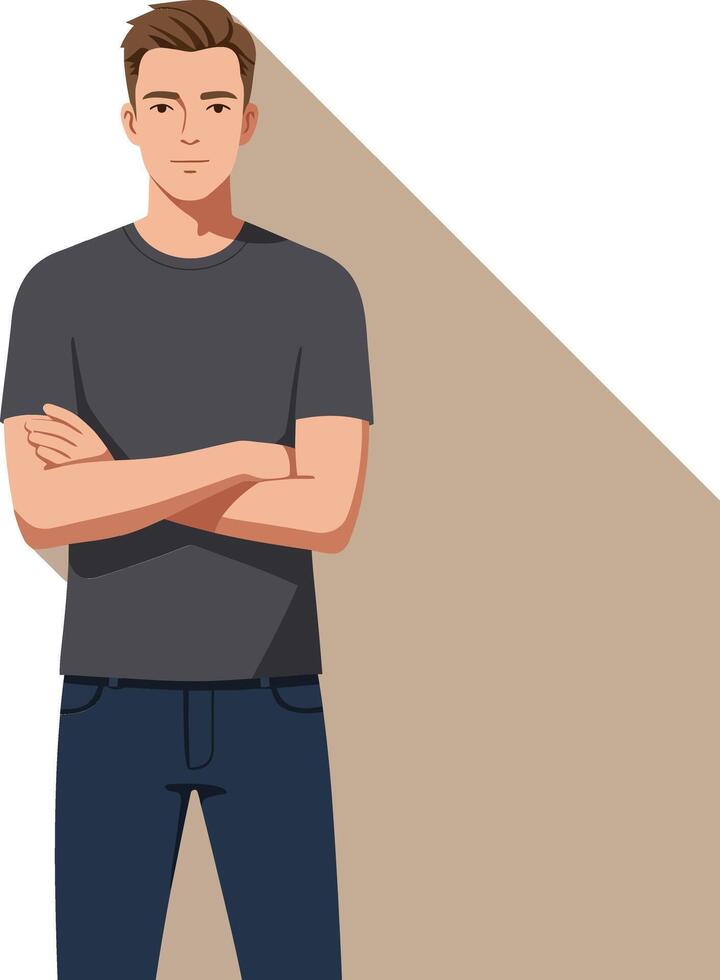Young man with crossed arms standing with shadow on white background wearing casual t shirt and jeans digital illustration vector