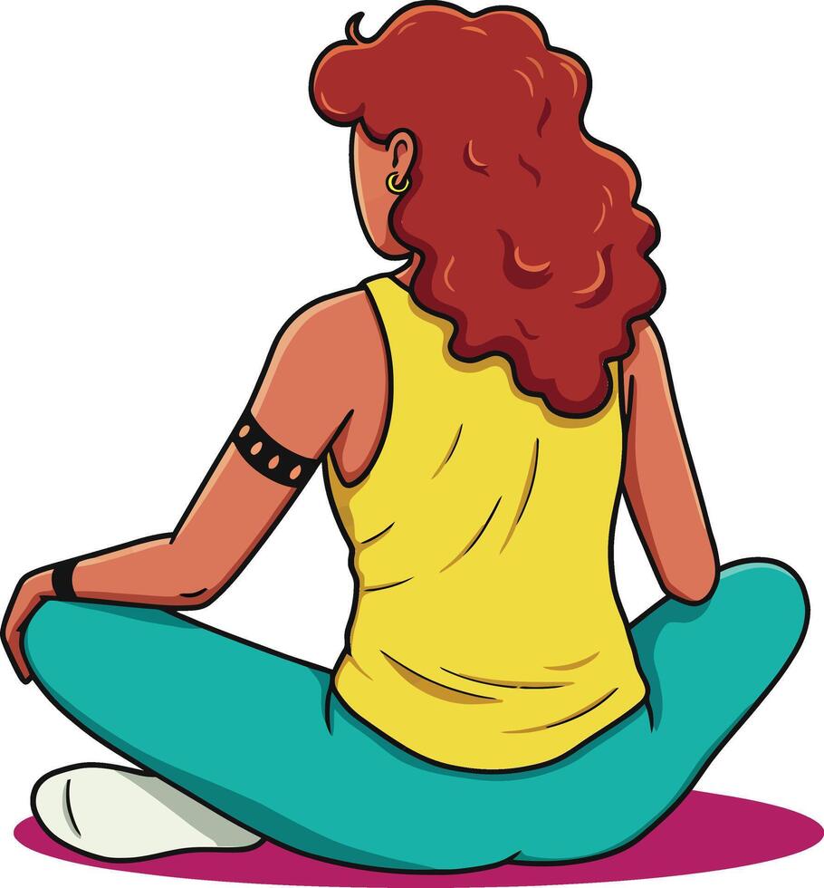 Woman with red curly hair practicing yoga in seated meditation pose wearing yellow top and teal pants vector