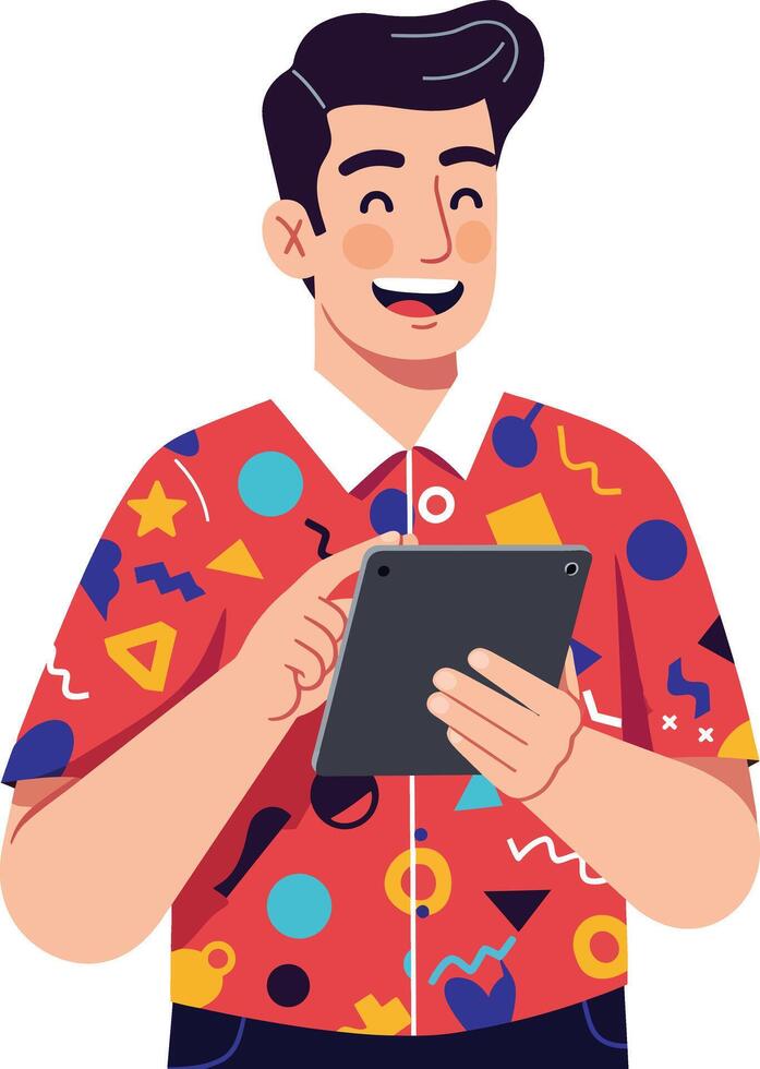 Young man using tablet device with colorful patterned shirt on orange background digital technology illustration vector