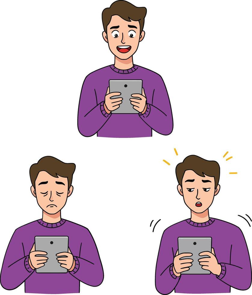 Young man with tablet showing various emotions and reactions in purple sweater digital communication illustration vector