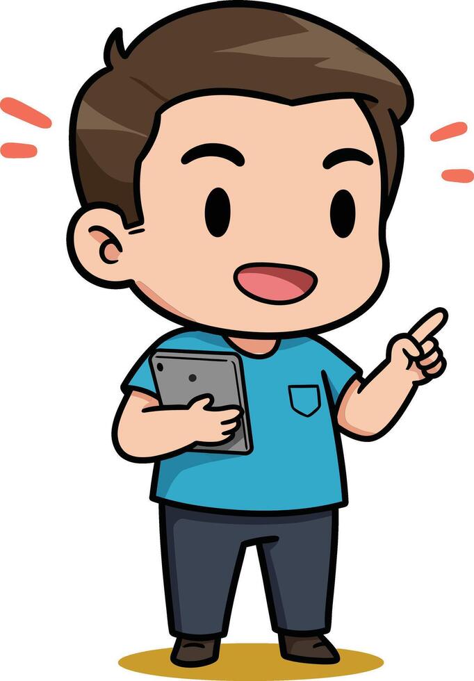 Cartoon boy holding smartphone pointing finger on yellow background illustration for communication and technology concepts vector