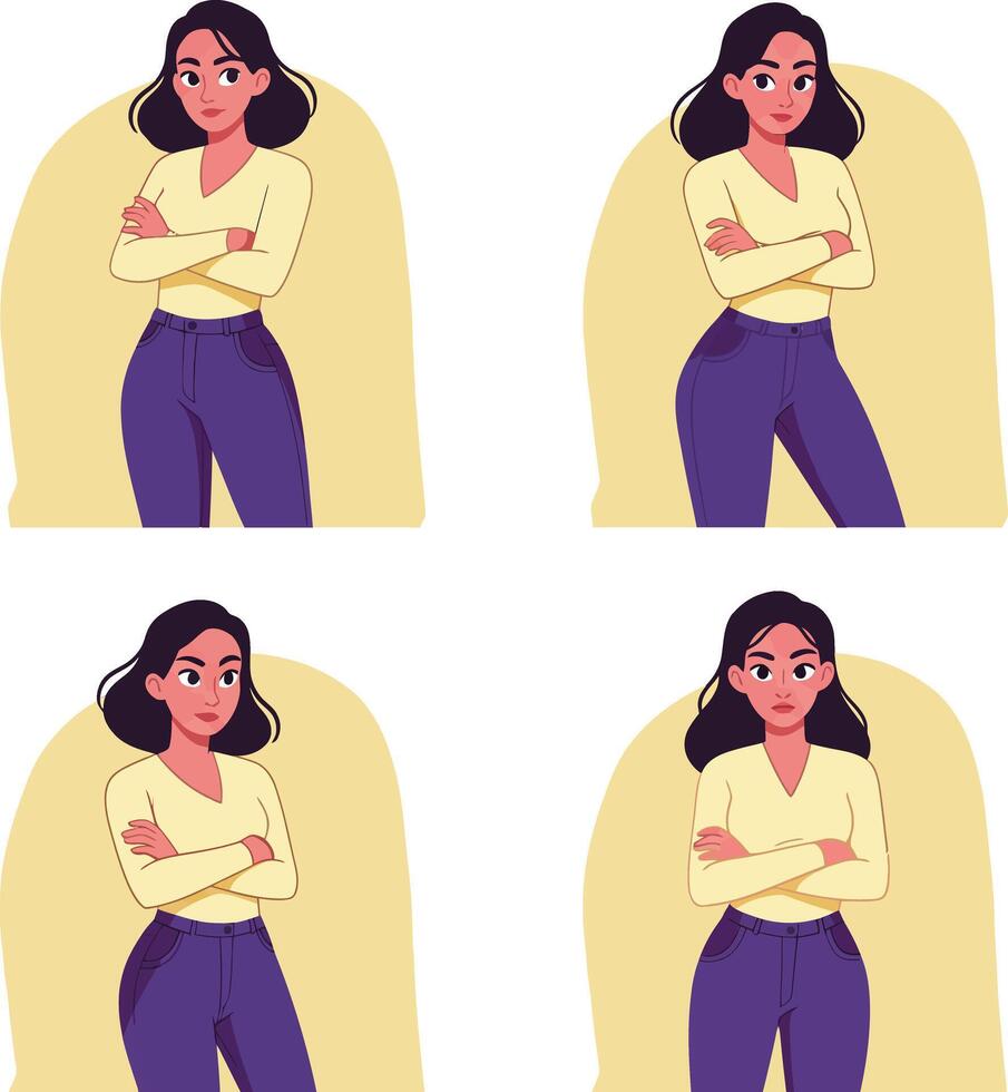 Confident woman with arms crossed in yellow top and blue jeans standing in different poses on yellow background digital illustrations vector