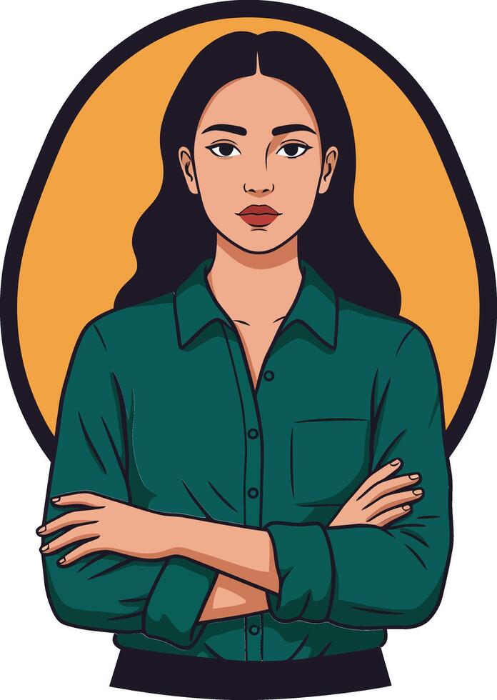 Confident woman with crossed arms wearing green shirt and dark hair in front of orange oval background digital illustration vector