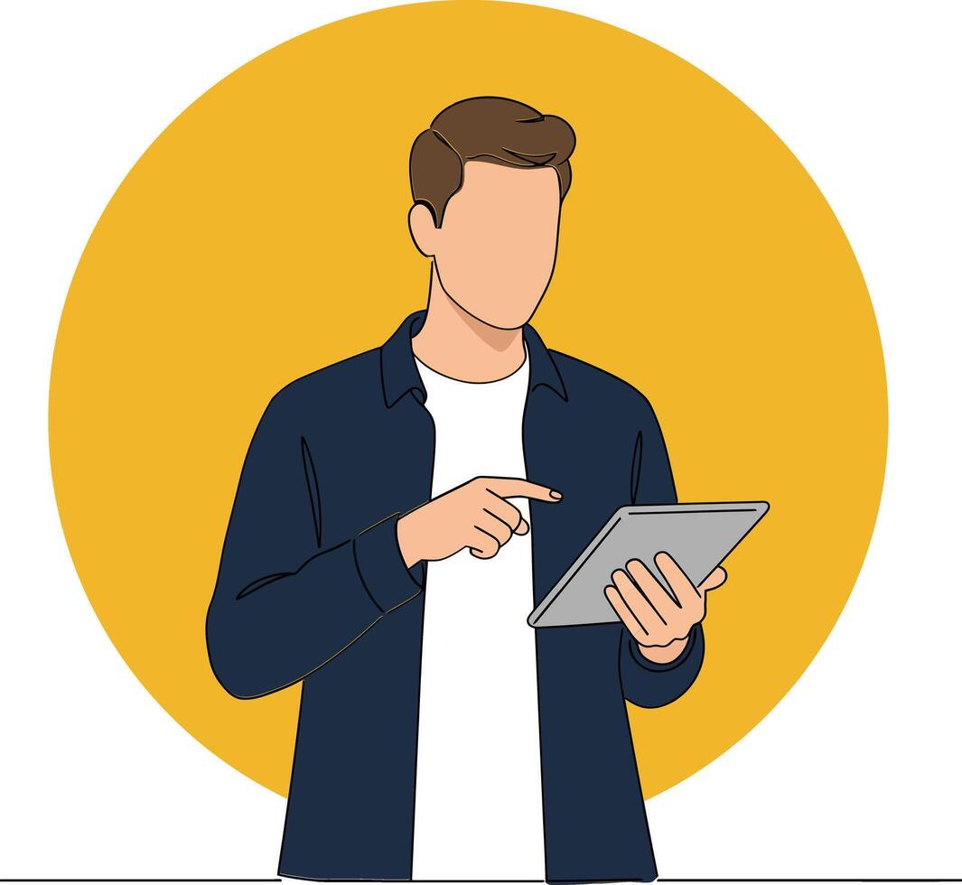 Young man using digital tablet technology with blue jacket and white shirt on yellow background illustration vector