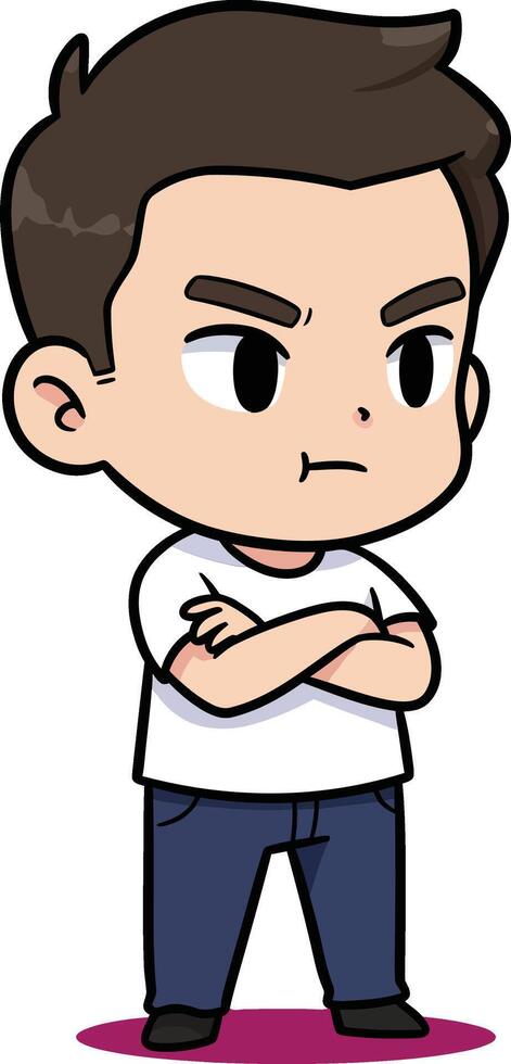 Cartoon boy with crossed arms and serious expression in casual clothes standing on pink shadow illustration vector