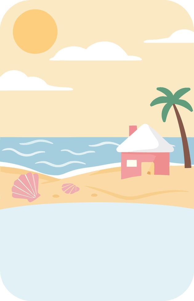 Tropical Beach Scene with Palm Tree and Hut under Sunny Sky and Calm Ocean Waves Illustration vector