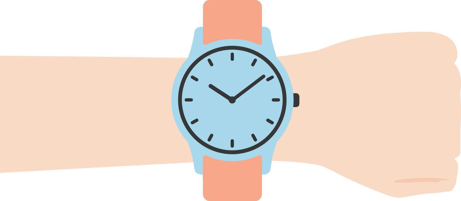 Wristwatch on human arm with simple analog display and pastel strap in minimal style vector
